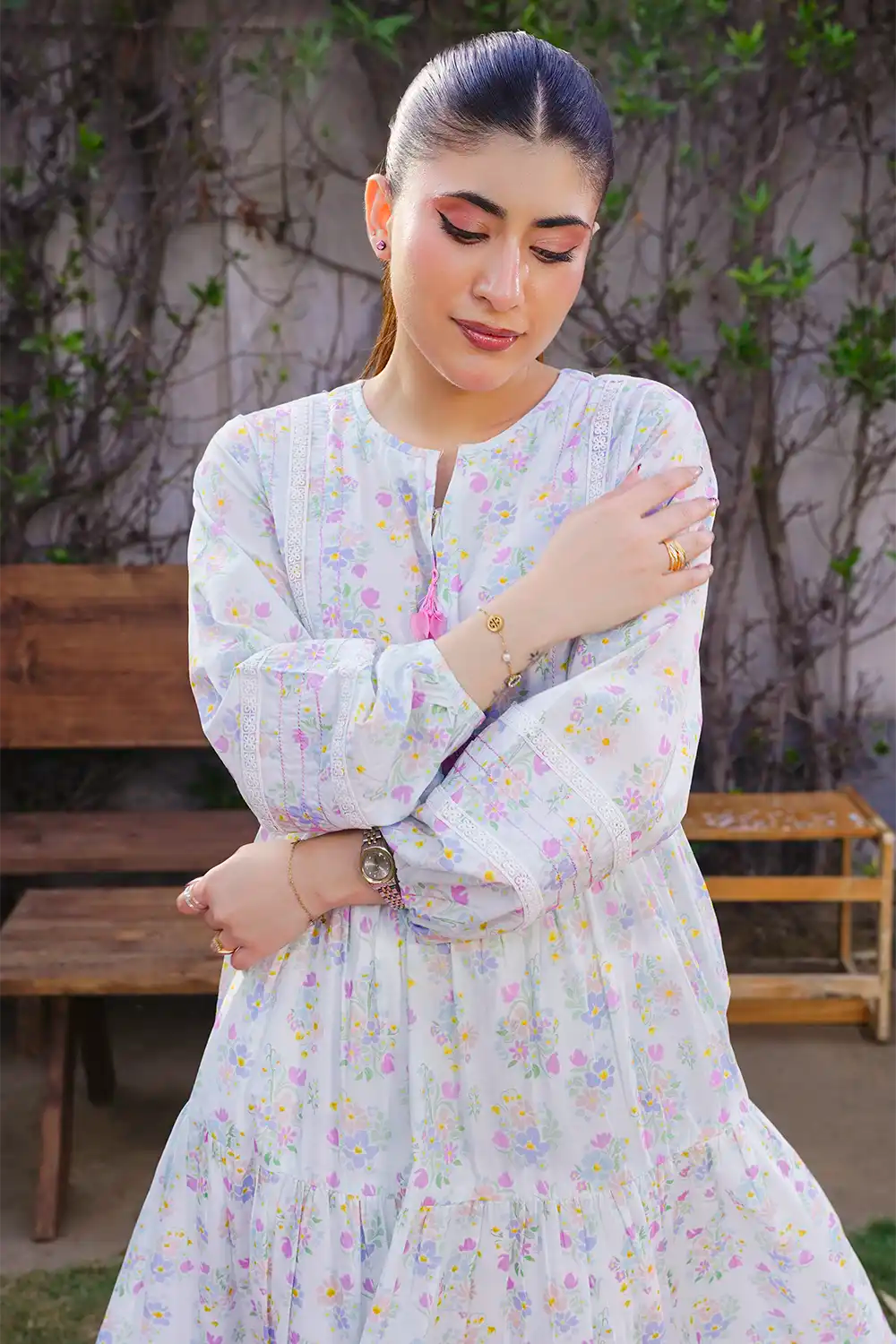 Off-White Multi-Tiered Pastel Garden Print Maxi Frock with Tassel Detail