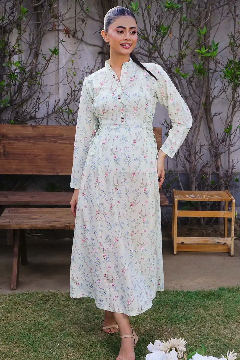 Off-White Pastel Wildflower A-Line Maxi Frock with Waist Drawstrings