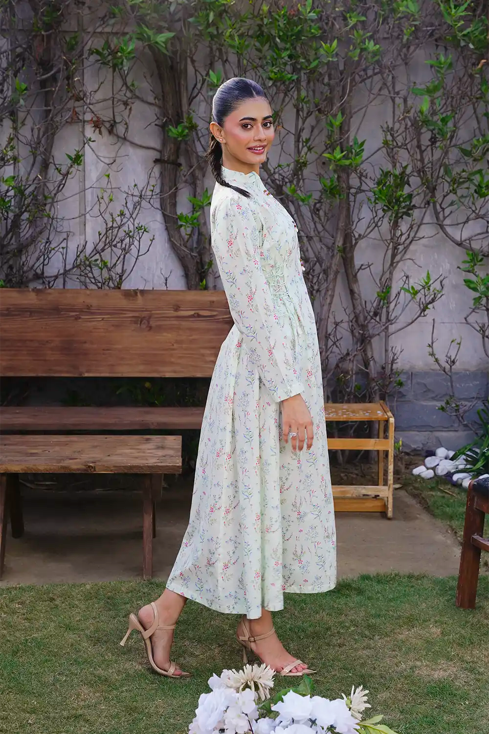 Off-White Pastel Wildflower A-Line Maxi Frock with Waist Drawstrings