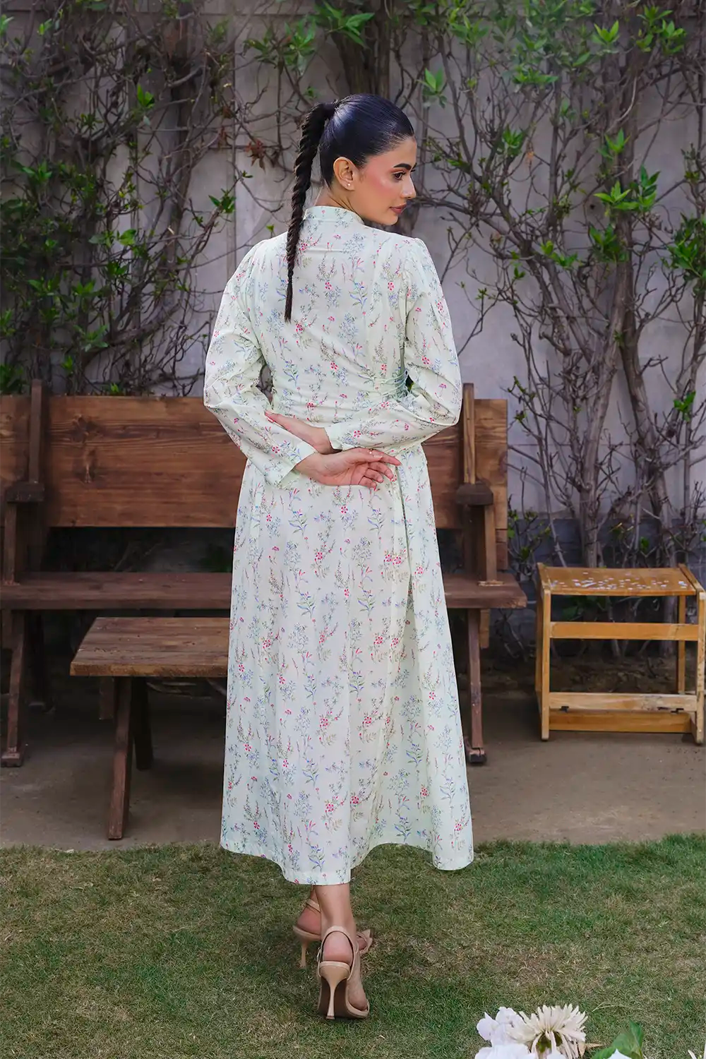 Off-White Pastel Wildflower A-Line Maxi Frock with Waist Drawstrings