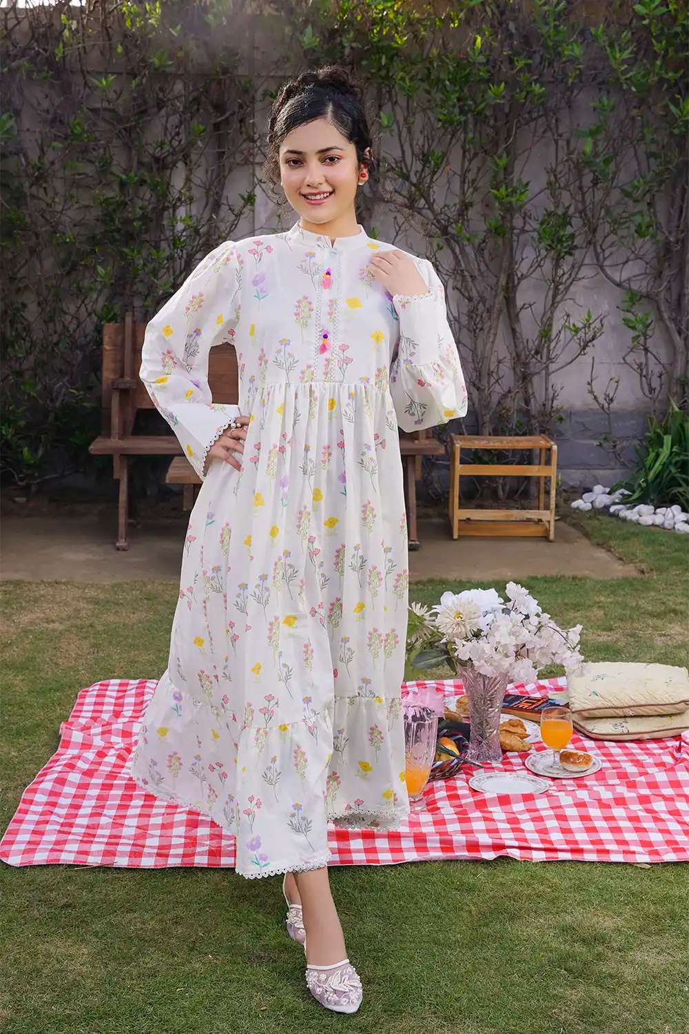 Off-White Pastel Meadow Floral Maxi Frock with Accent Tassels