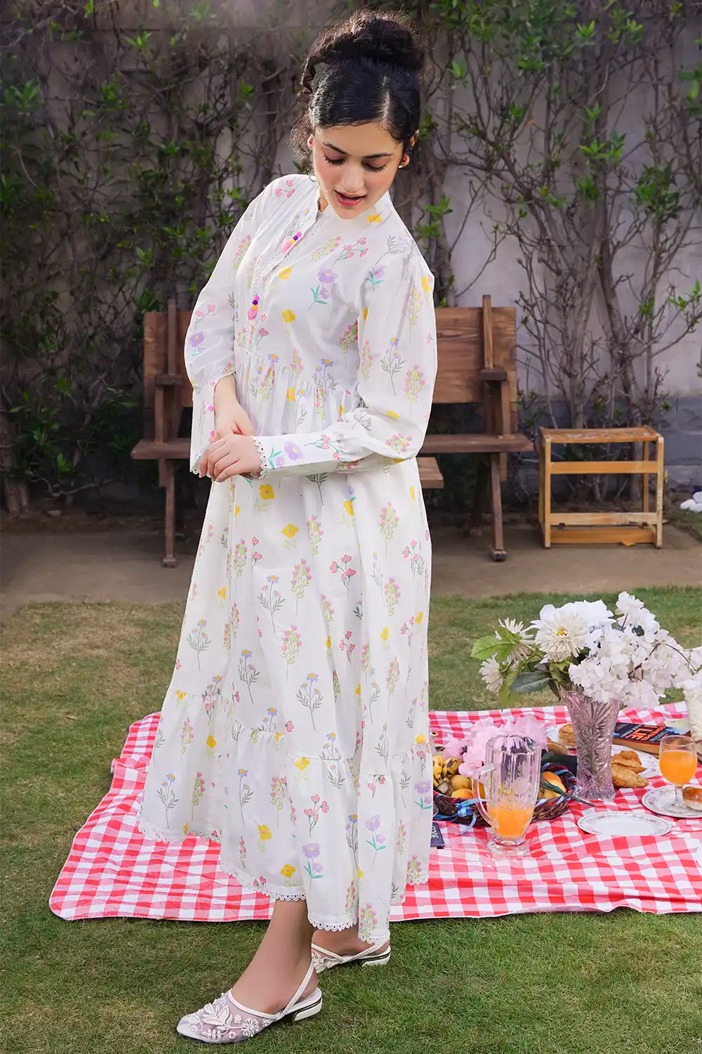 Off-White Pastel Meadow Floral Maxi Frock with Accent Tassels