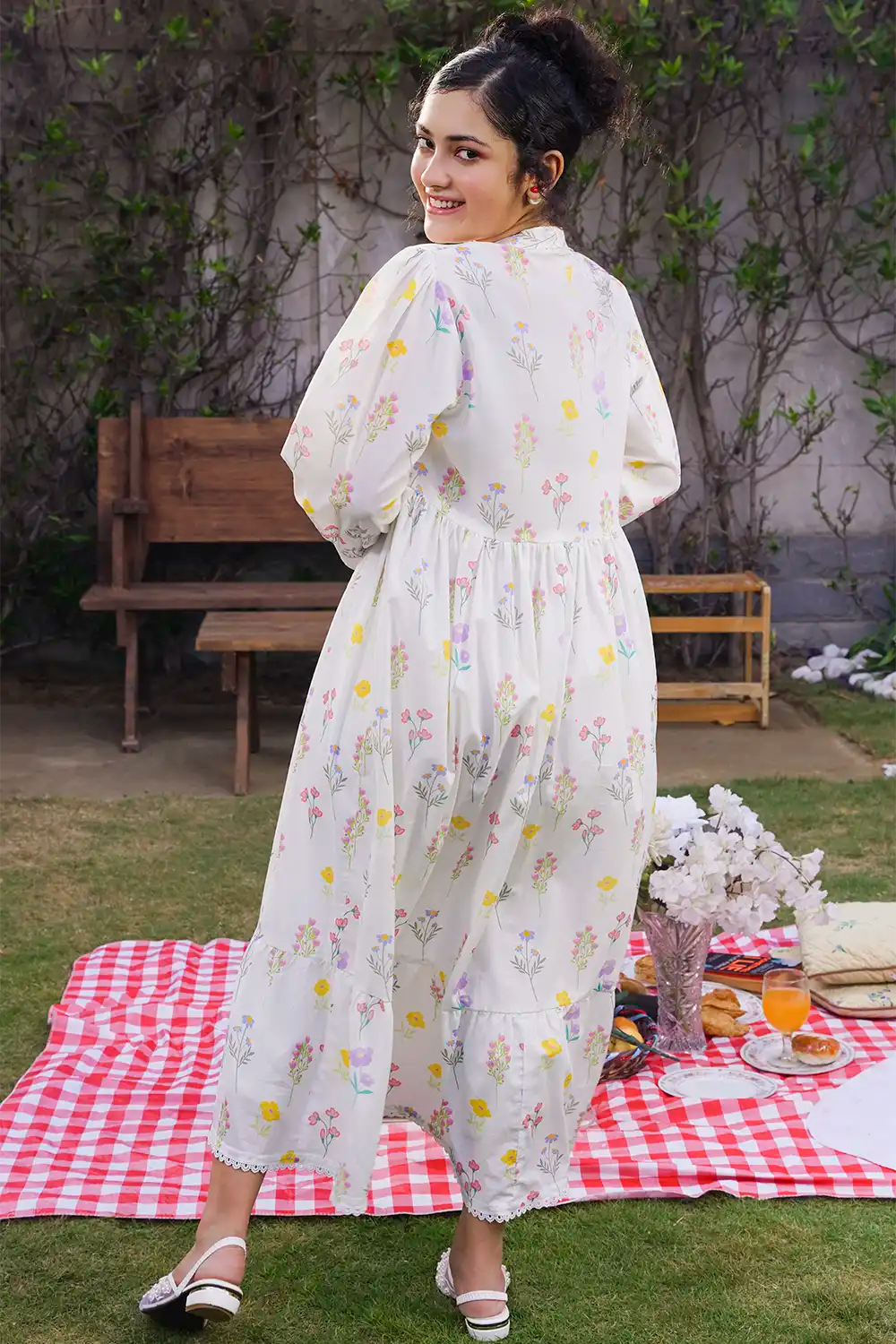 Off-White Pastel Meadow Floral Maxi Frock with Accent Tassels