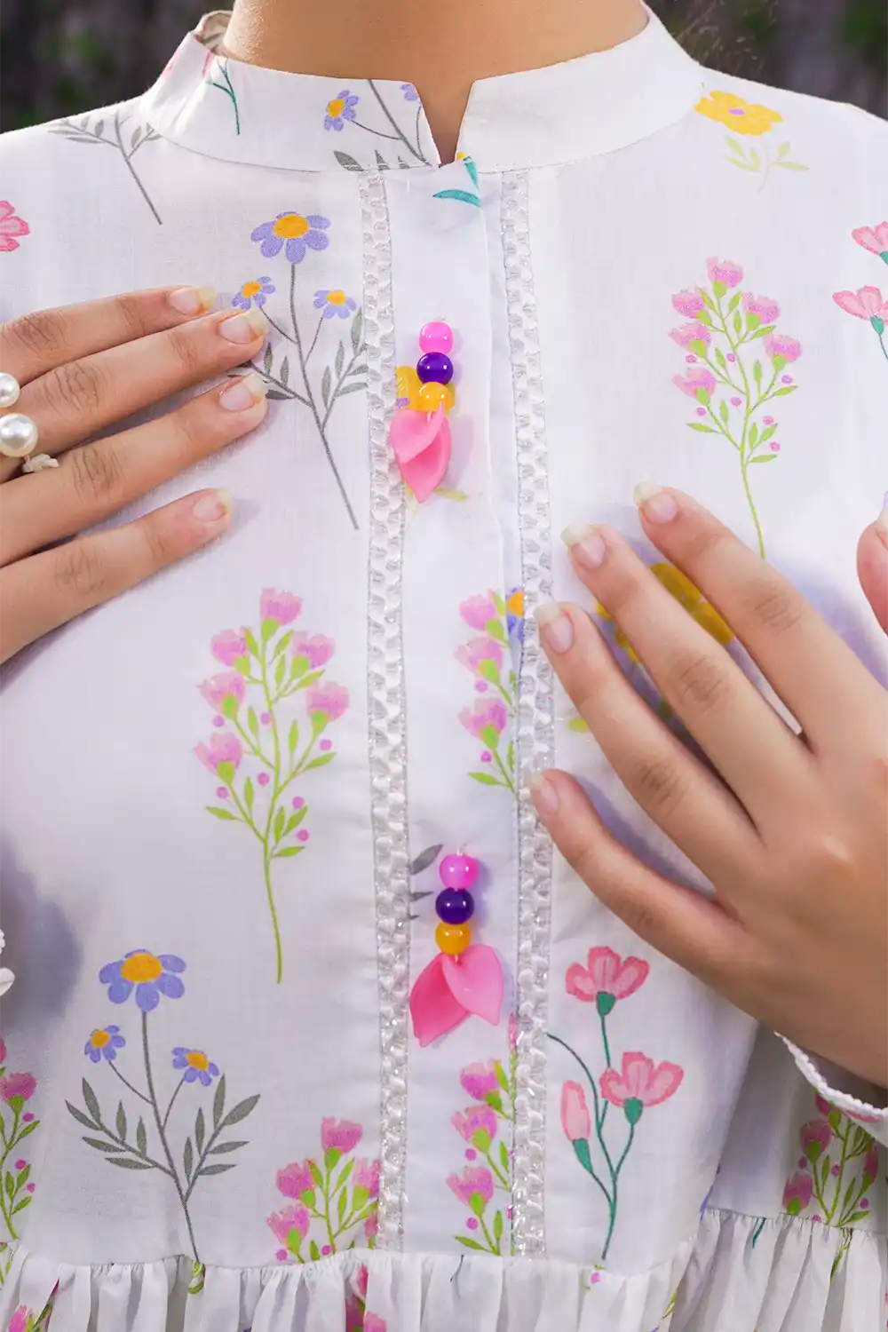 Off-White Pastel Meadow Floral Maxi Frock with Accent Tassels