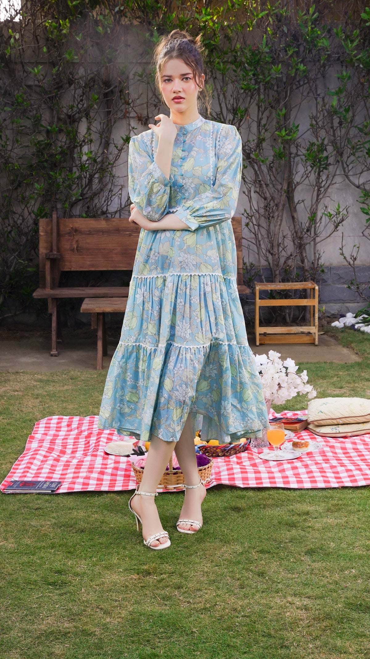 Pastel Blue Vintage Chintz Floral Tiered Maxi Frock
