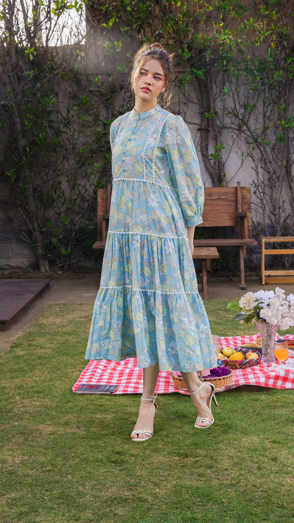 Pastel Blue Vintage Chintz Floral Tiered Maxi Frock
