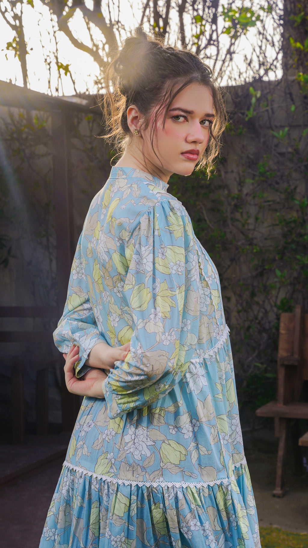 Pastel Blue Vintage Chintz Floral Tiered Maxi Frock