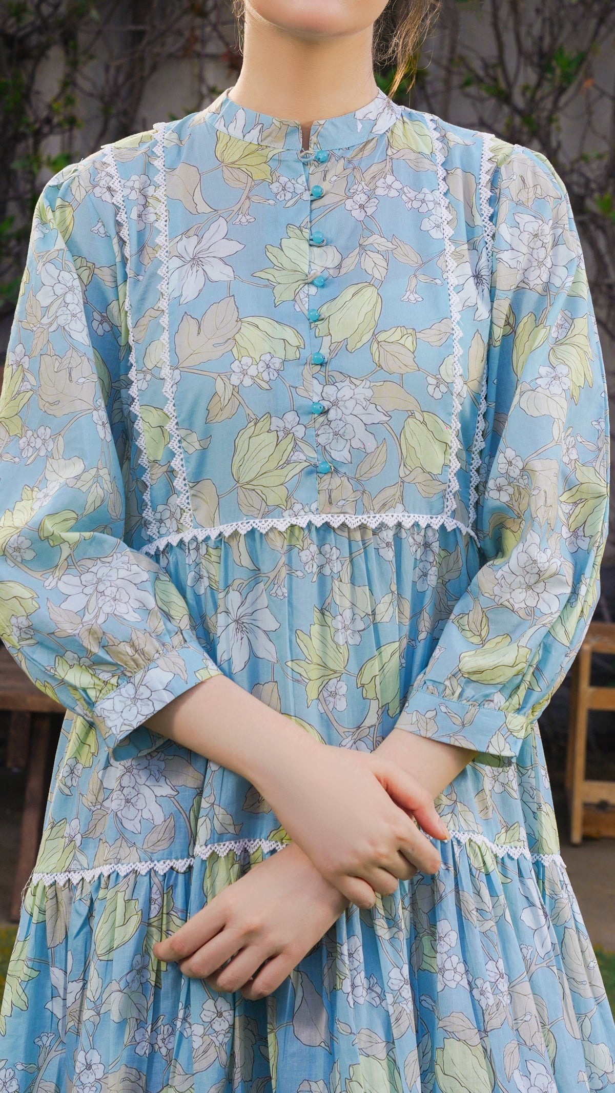 Pastel Blue Vintage Chintz Floral Tiered Maxi Frock