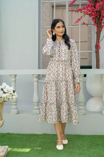 1 Piece Maxi Pinkish Red Mughal Print Light Khaddar T-FRK-010