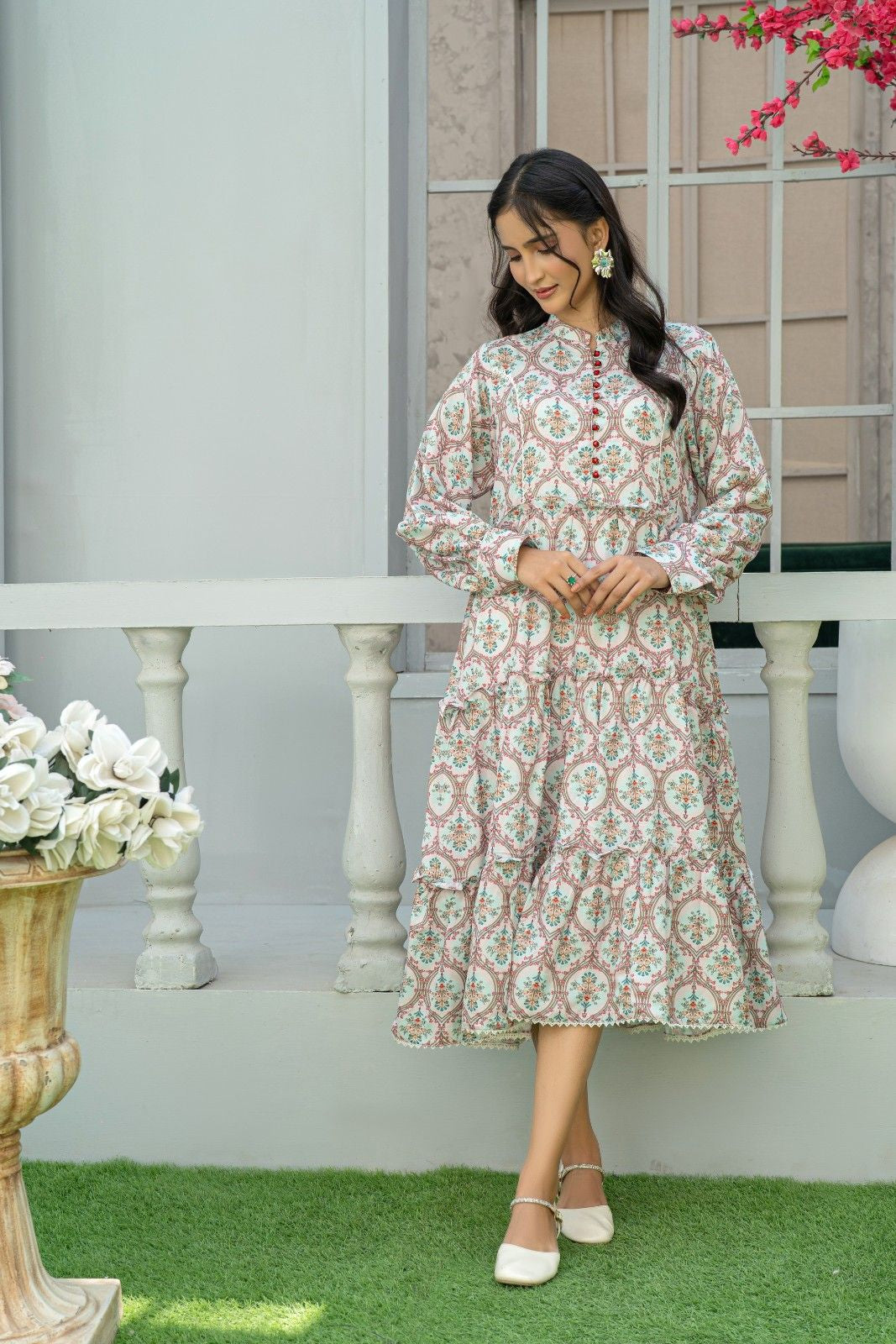 1 Piece Maxi Pinkish Red Mughal Print Light Khaddar T-FRK-010