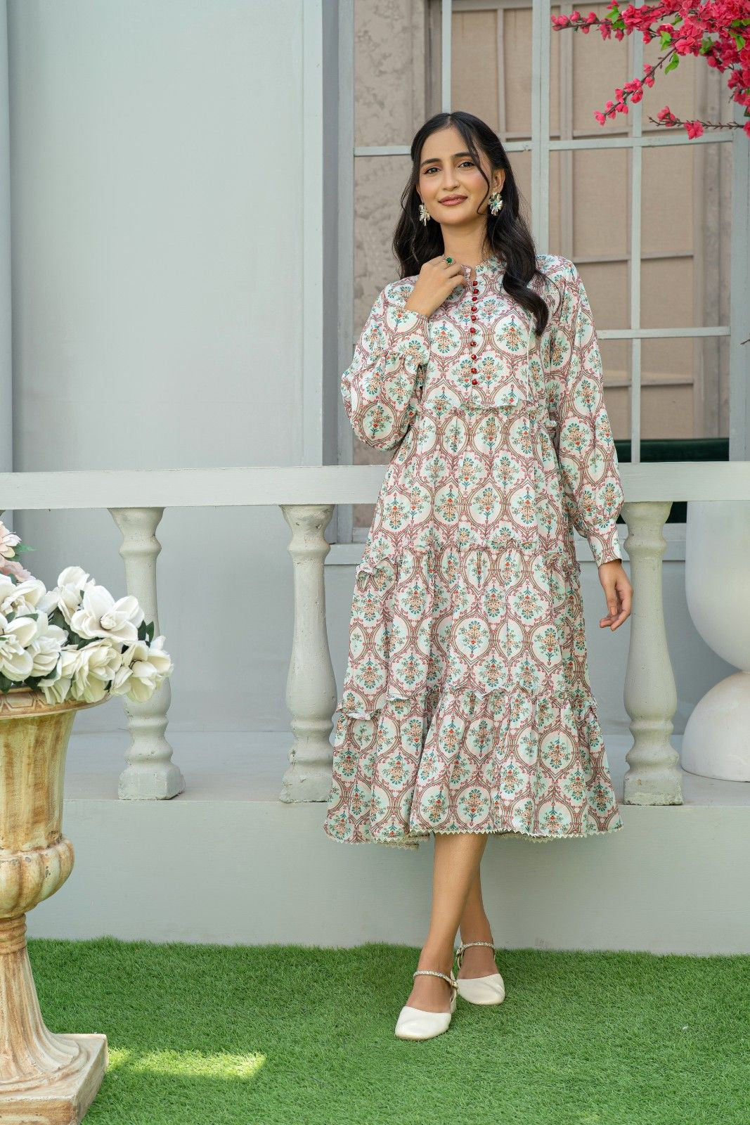 1 Piece Maxi Pinkish Red Mughal Print Light Khaddar T-FRK-010