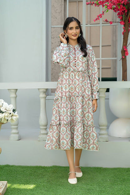 1 Piece Maxi Pinkish Red Mughal Print Light Khaddar T-FRK-010