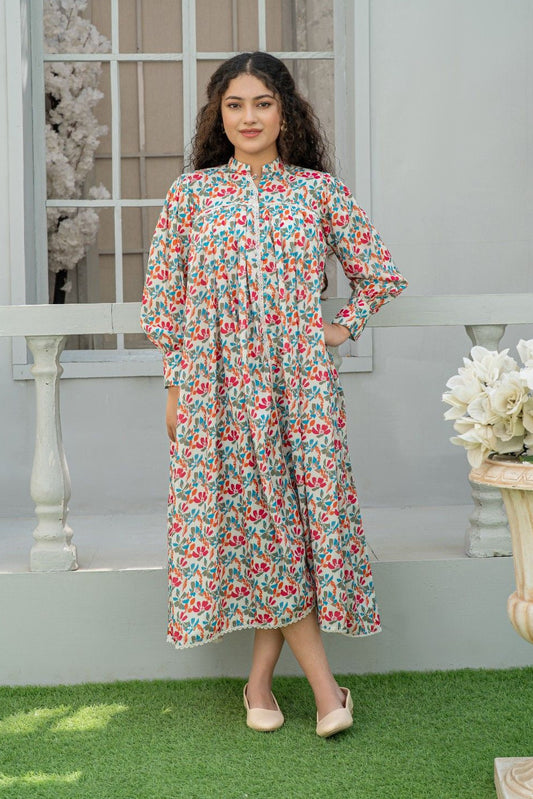 1 Piece Maxi Beige Printed Dress with Lace Detailing T-FRK-012