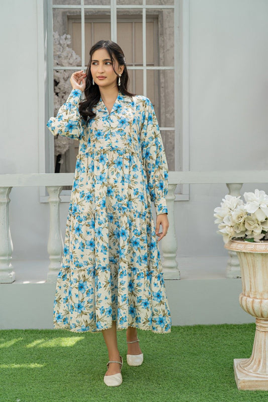 1 Piece Maxi Cream Floral Printed Dress Light Khaddar T-FRK-008