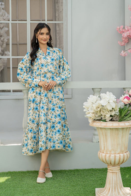 1 Piece Maxi Cream Floral Printed Dress Light Khaddar T-FRK-008