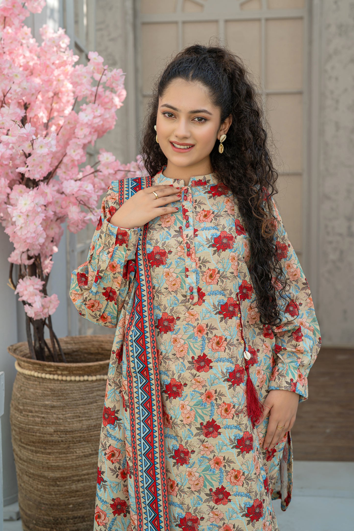 3 Piece Suit Beige Multi Digital Printed Co-ord Set Winter T-CK-004