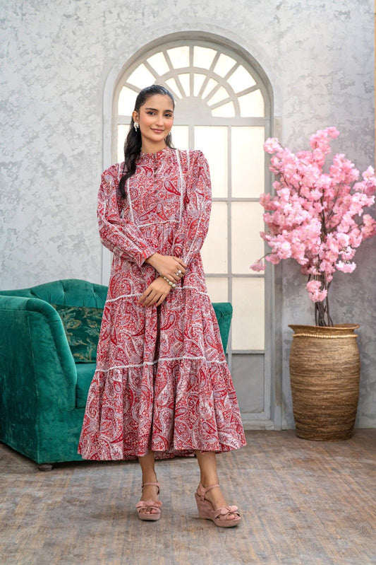 1 Piece Maxi Digital Printed Dress Red Cambric Cotton T-R-MAXI-015