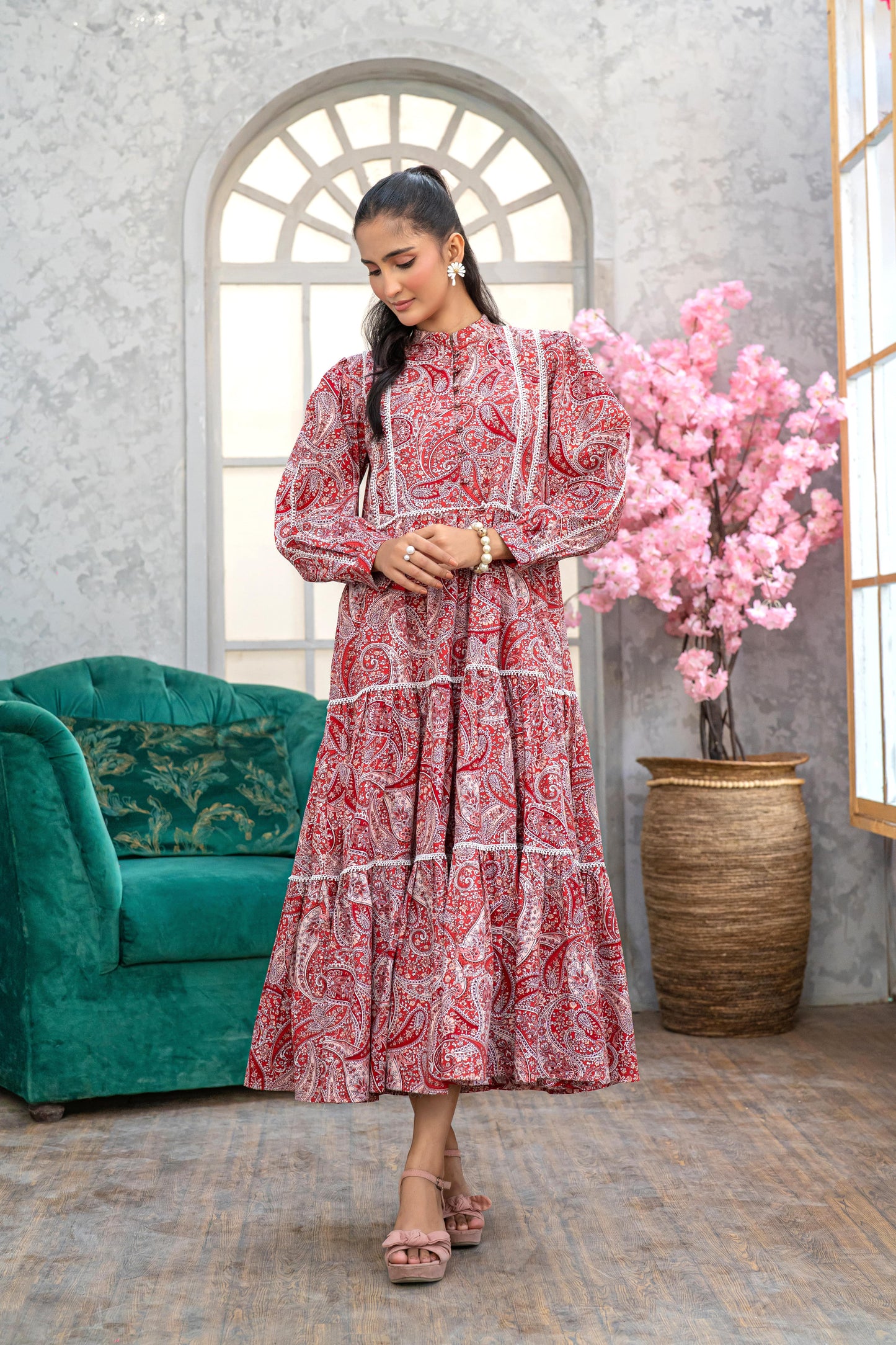 1 Piece Maxi Digital Printed Dress Red Cambric Cotton T-R-MAXI-015
