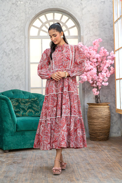1 Piece Maxi Digital Printed Dress Red Cambric Cotton T-R-MAXI-015