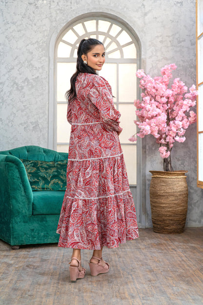 1 Piece Maxi Digital Printed Dress Red Cambric Cotton T-R-MAXI-015