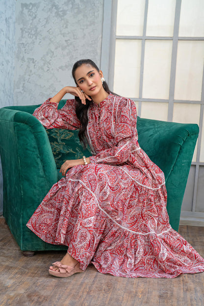 1 Piece Maxi Digital Printed Dress Red Cambric Cotton T-R-MAXI-015