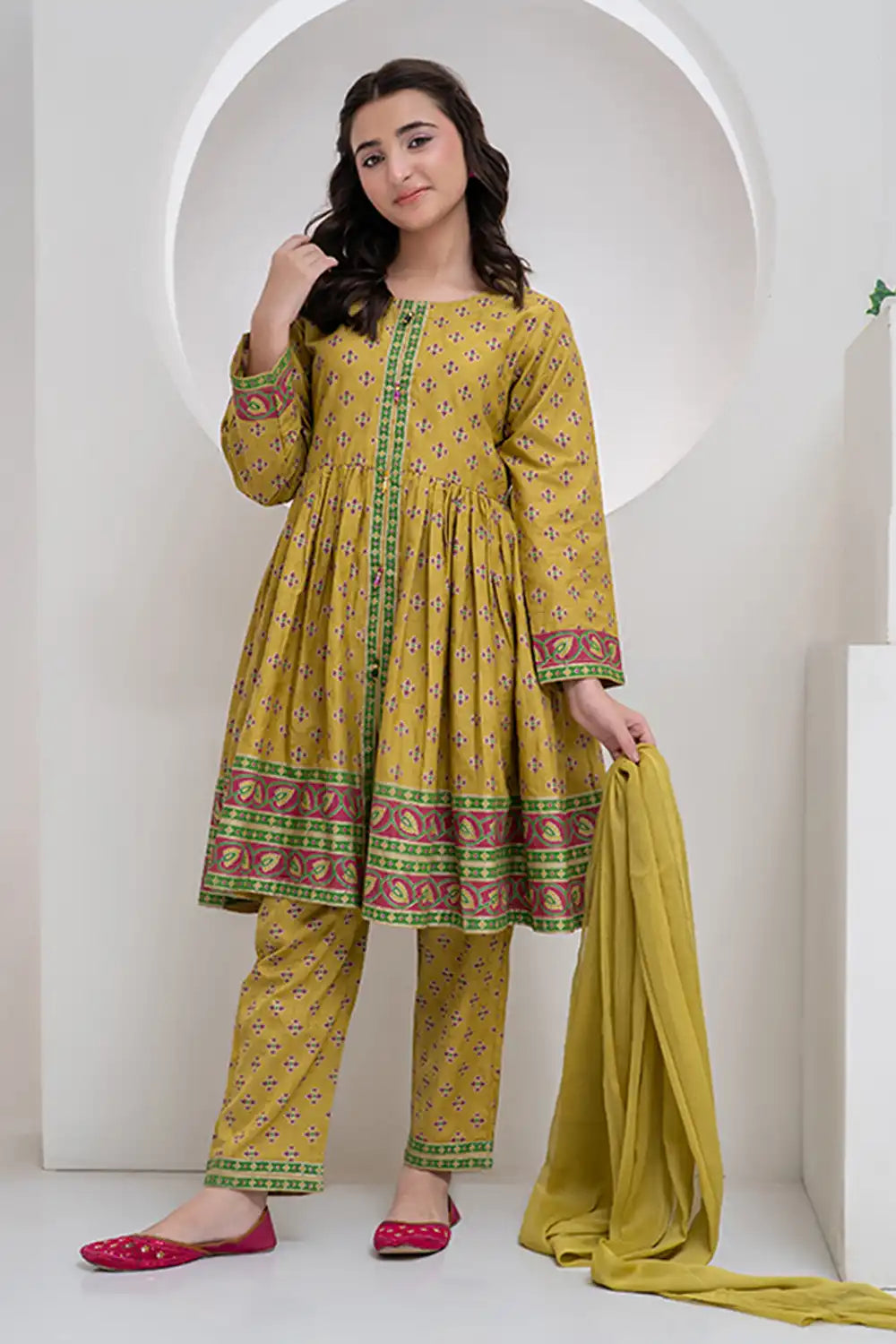 3 Piece Mehndi Dyed Jacquard Table Printed Semi Frock JK-PRT-013