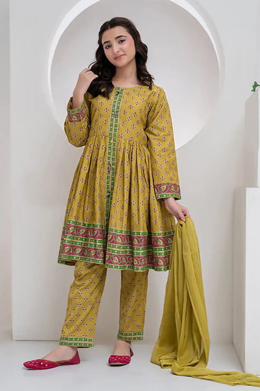 3 Piece Mehndi Dyed Jacquard Table Printed Semi Frock JK-PRT-013