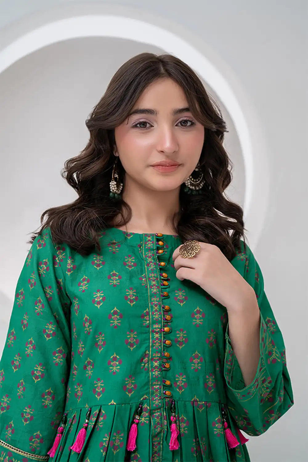 3 Piece Green Dyed Jacquard Table Printed Traditional Pishwas JK-PRT-014