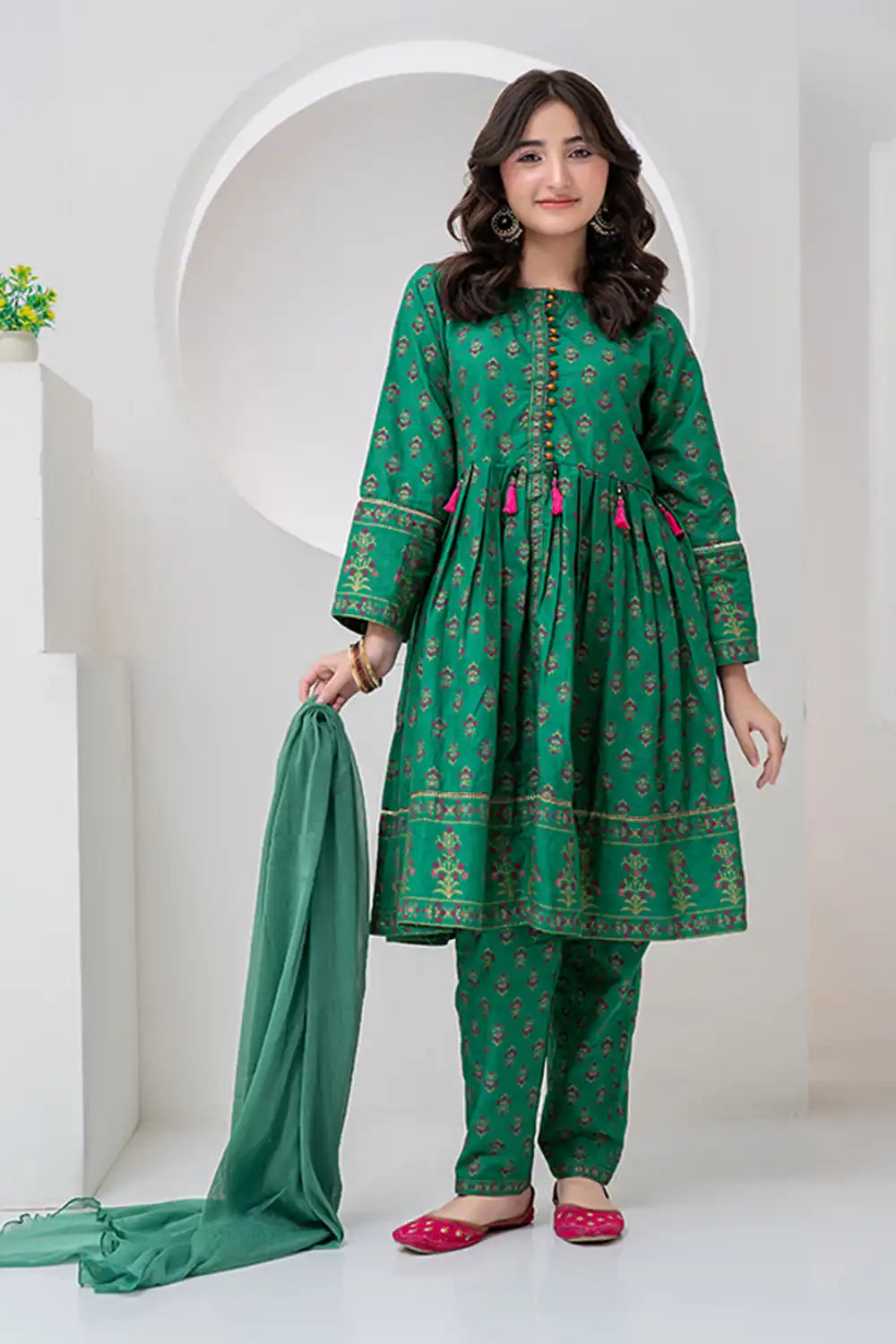 3 Piece Green Dyed Jacquard Table Printed Traditional Pishwas JK-PRT-014