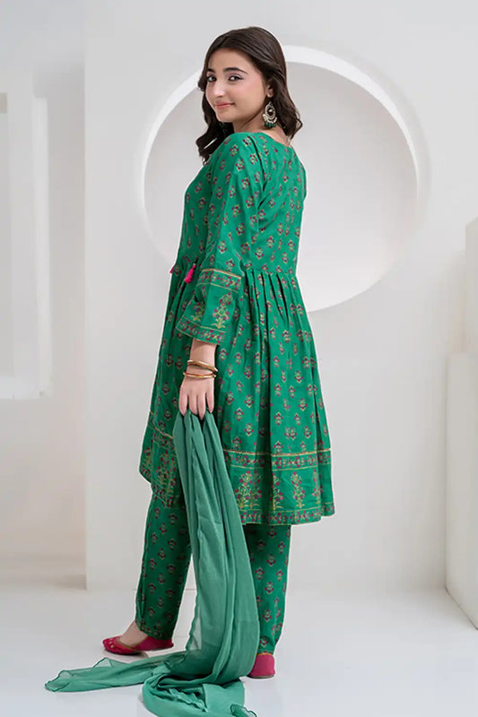 3 Piece Green Dyed Jacquard Table Printed Traditional Pishwas JK-PRT-014