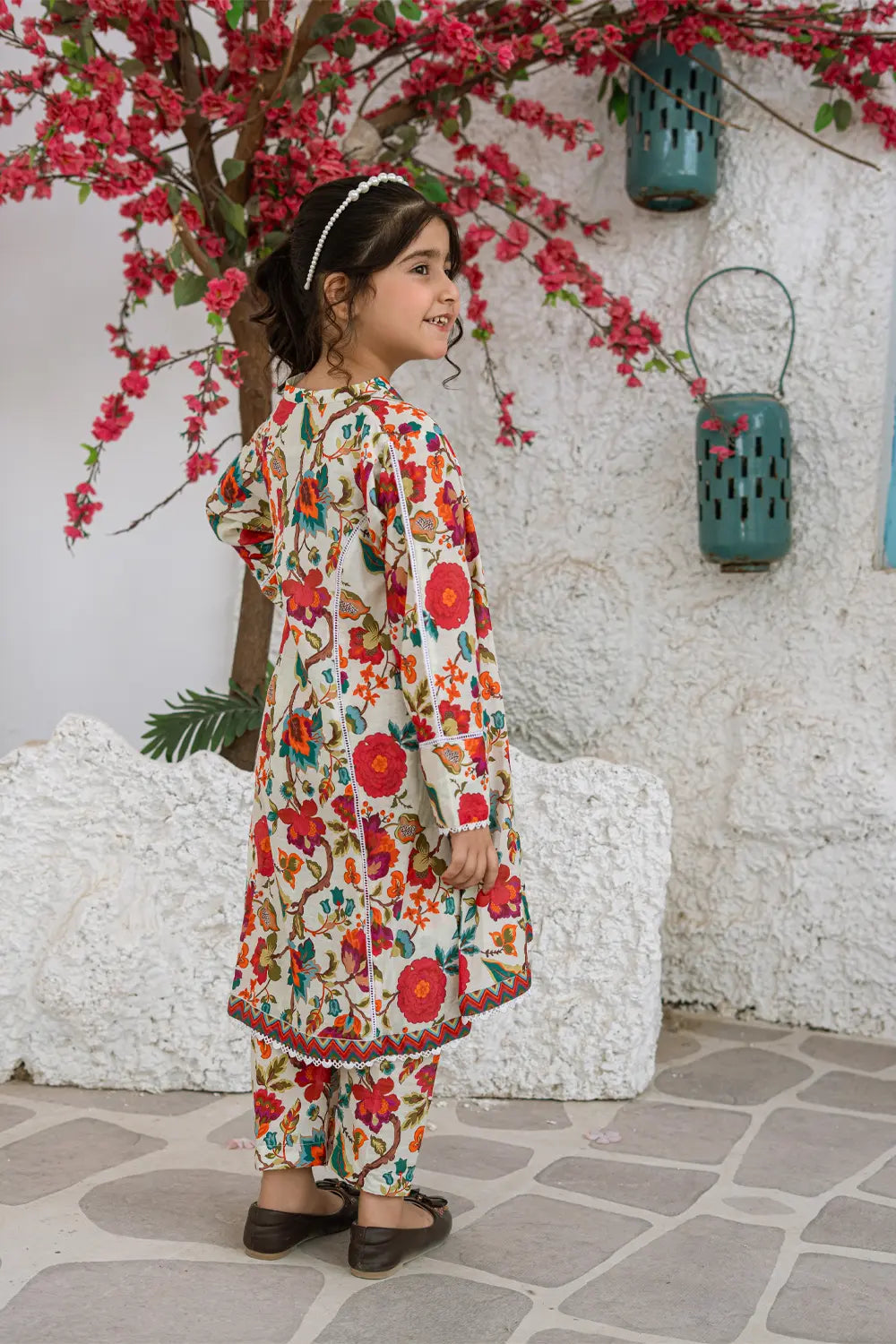 Girls Multi Cream Printed Angrakha Frock 2 Piece Set K-ALP-S26-001