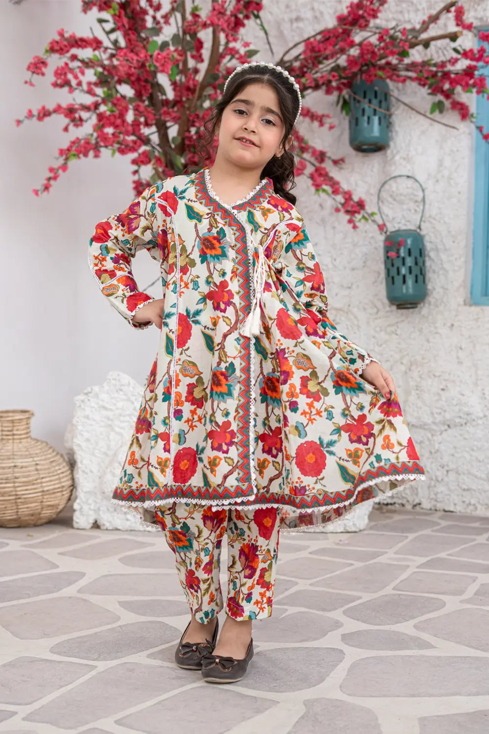 Girls Multi Cream Printed Angrakha Frock 2 Piece Set K-ALP-S26-001