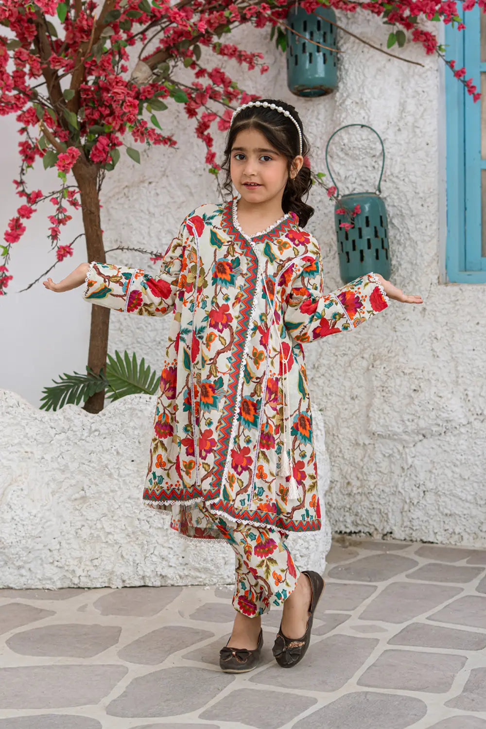 Girls Multi Cream Printed Angrakha Frock 2 Piece Set K-ALP-S26-001