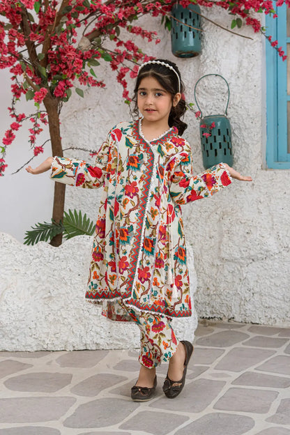 Girls Multi Cream Printed Angrakha Frock 2 Piece Set K-ALP-S26-001
