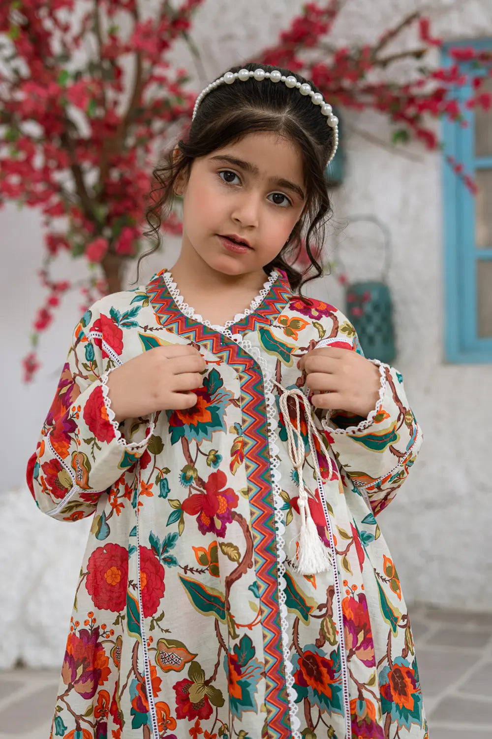 Girls Multi Cream Printed Angrakha Frock 2 Piece Set K-ALP-S26-001