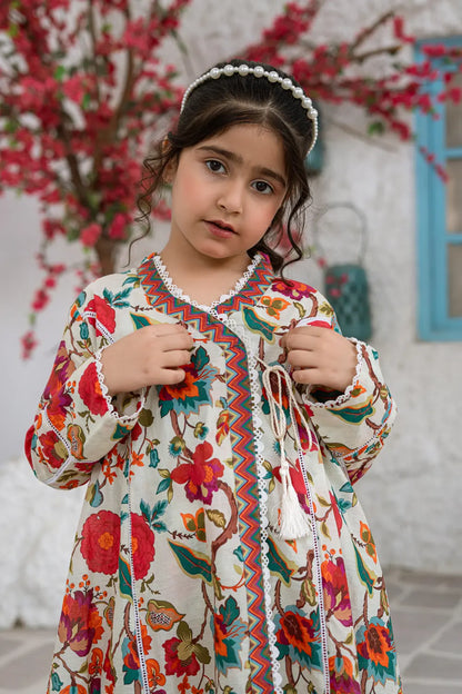 Girls Multi Cream Printed Angrakha Frock 2 Piece Set K-ALP-S26-001