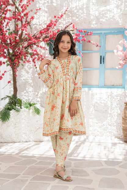 Girls Mint Green Printed Flared Frock 2 Piece Set K-ALP-S26-002