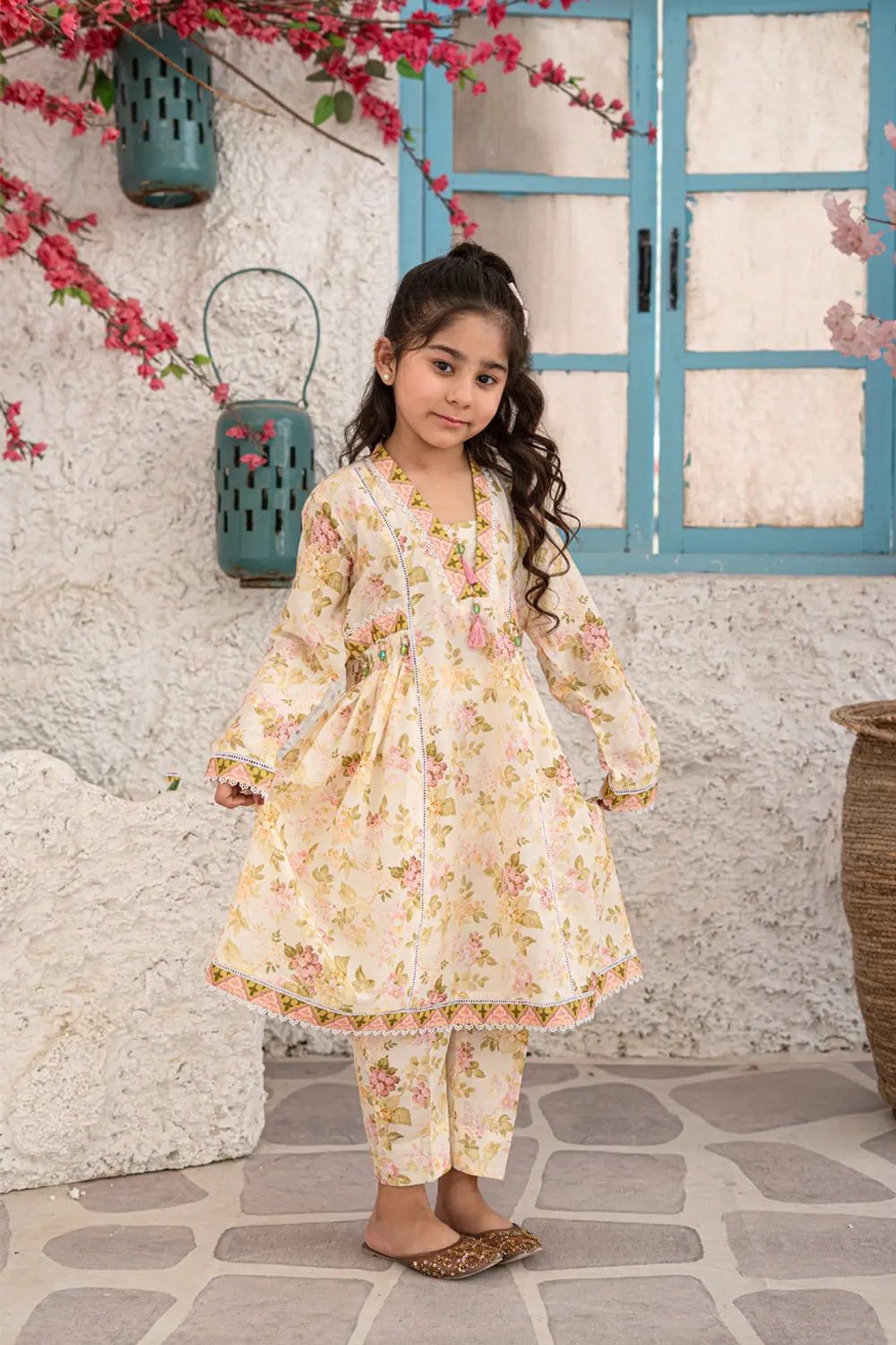 Girls Multi Cream Printed Panel Frock 2 Piece Set K-ALP-S26-003