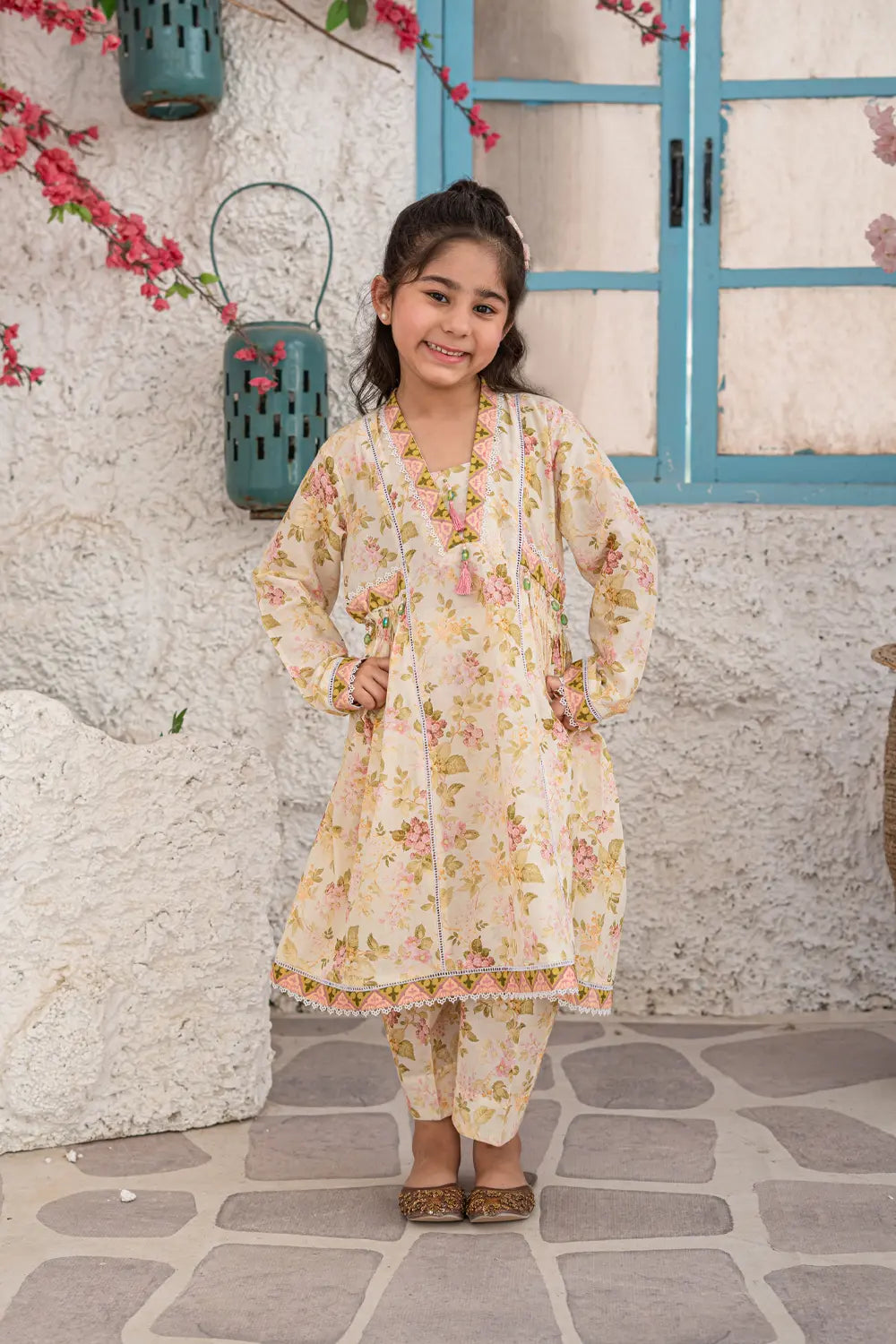 Girls Multi Cream Printed Panel Frock 2 Piece Set K-ALP-S26-003