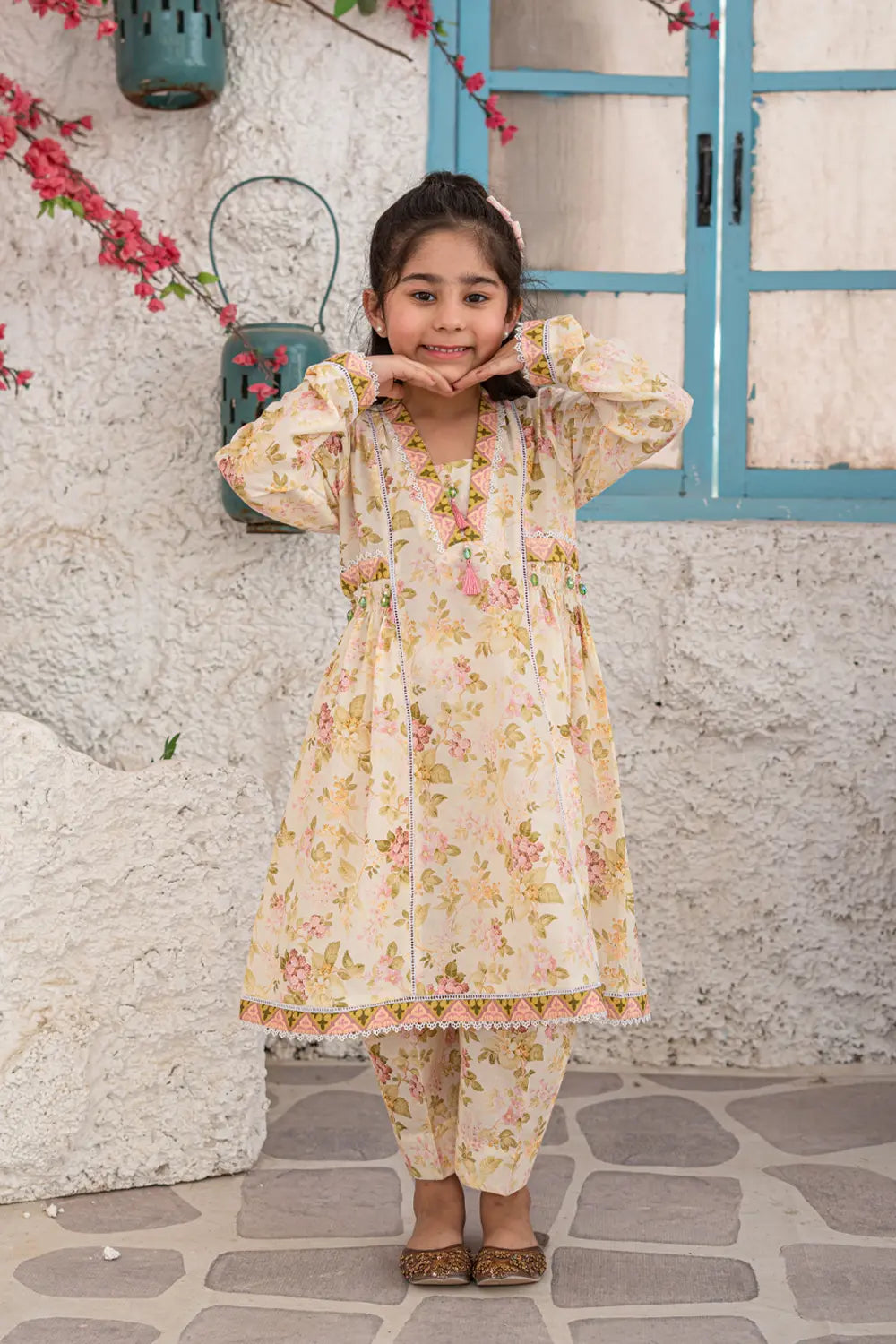 Girls Multi Cream Printed Panel Frock 2 Piece Set K-ALP-S26-003