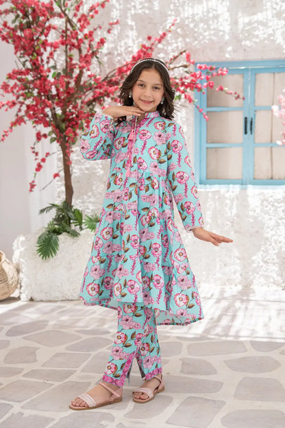Girls Sky Blue Printed Frock Straight Pants 2 Piece Set K-ALP-S26-005