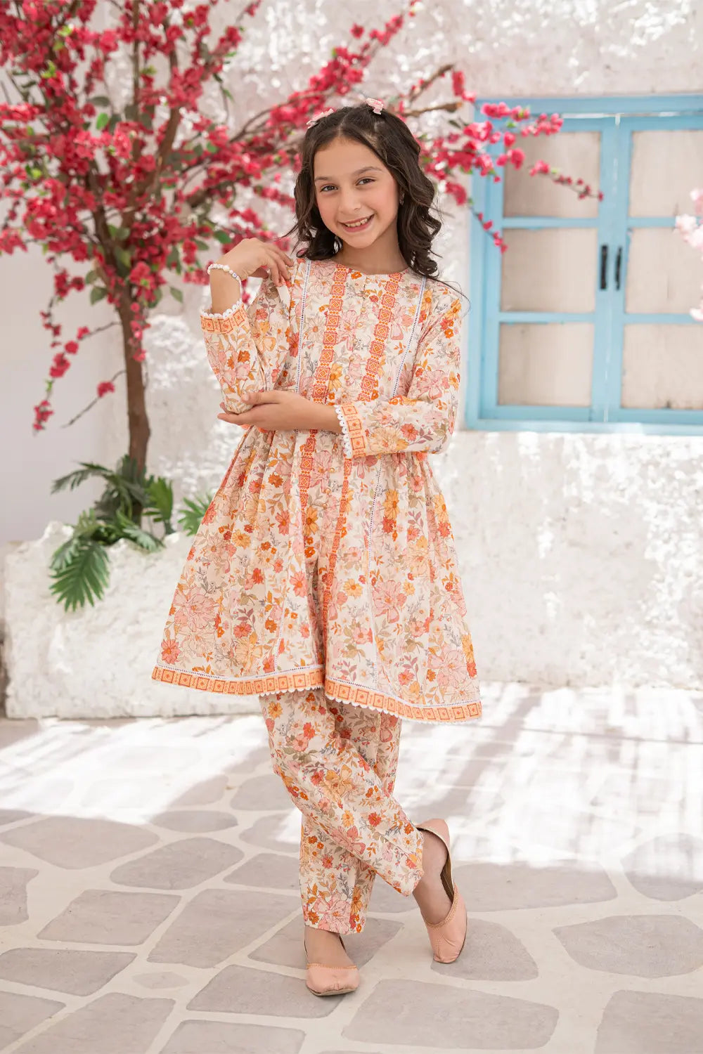 Girls Peach Printed Open Style Top 2 Piece Set K-ALP-S26-102