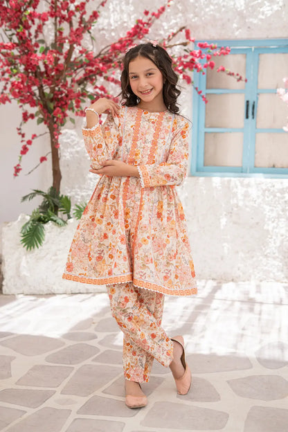 Girls Peach Printed Open Style Top 2 Piece Set K-ALP-S26-102