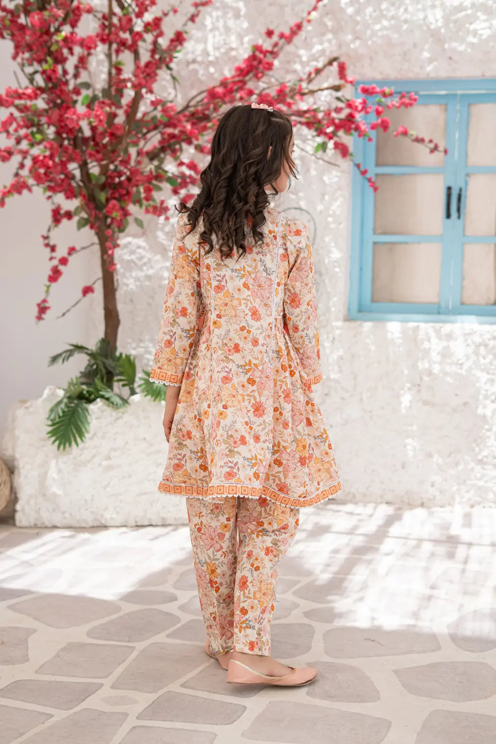Girls Peach Printed Open Style Top 2 Piece Set K-ALP-S26-102