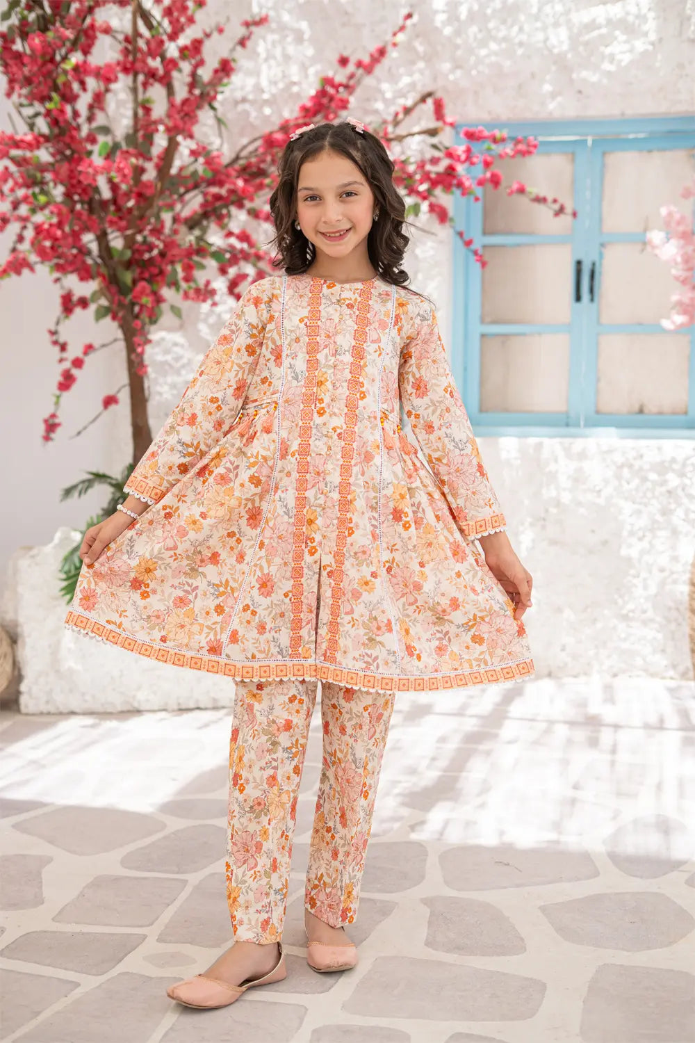 Girls Peach Printed Open Style Top 2 Piece Set K-ALP-S26-102