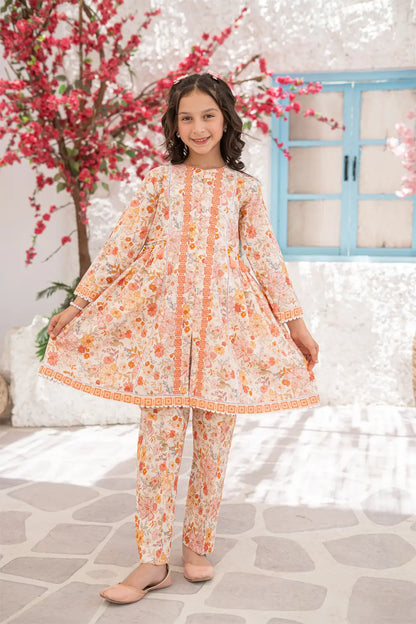 Girls Peach Printed Open Style Top 2 Piece Set K-ALP-S26-102