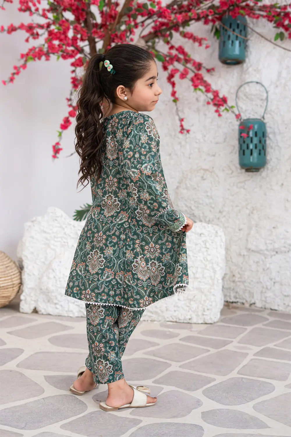 Girls Forest Green Printed Angrakha Frock 2 Piece Set K-ALP-S26-107