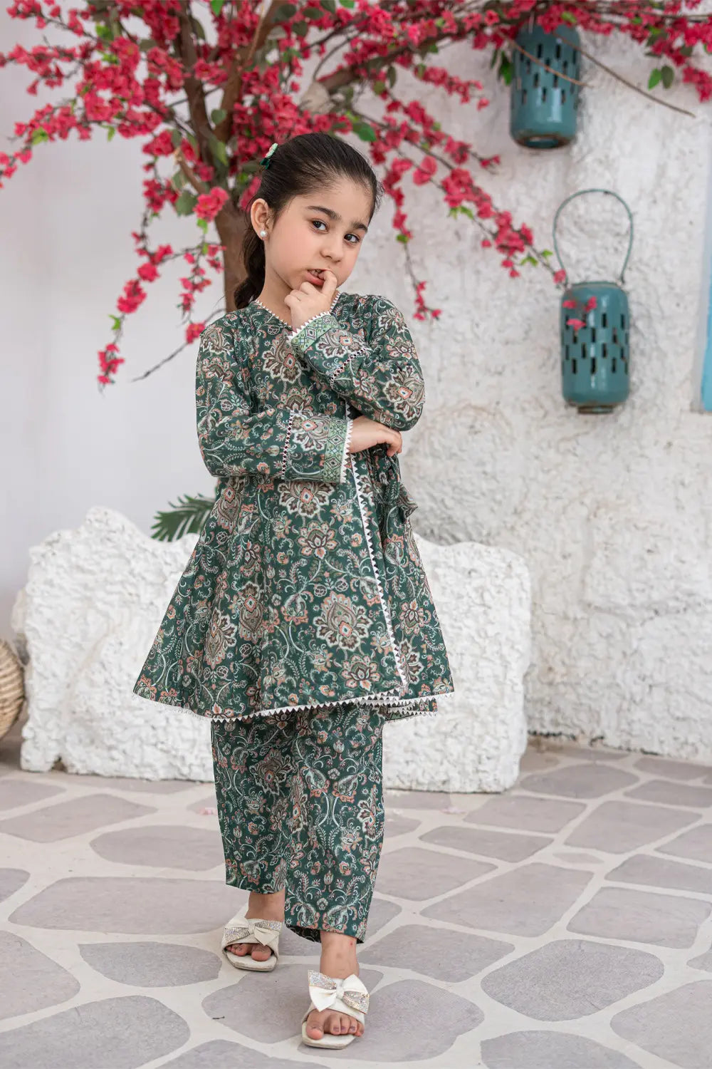 Girls Forest Green Printed Angrakha Frock 2 Piece Set K-ALP-S26-107