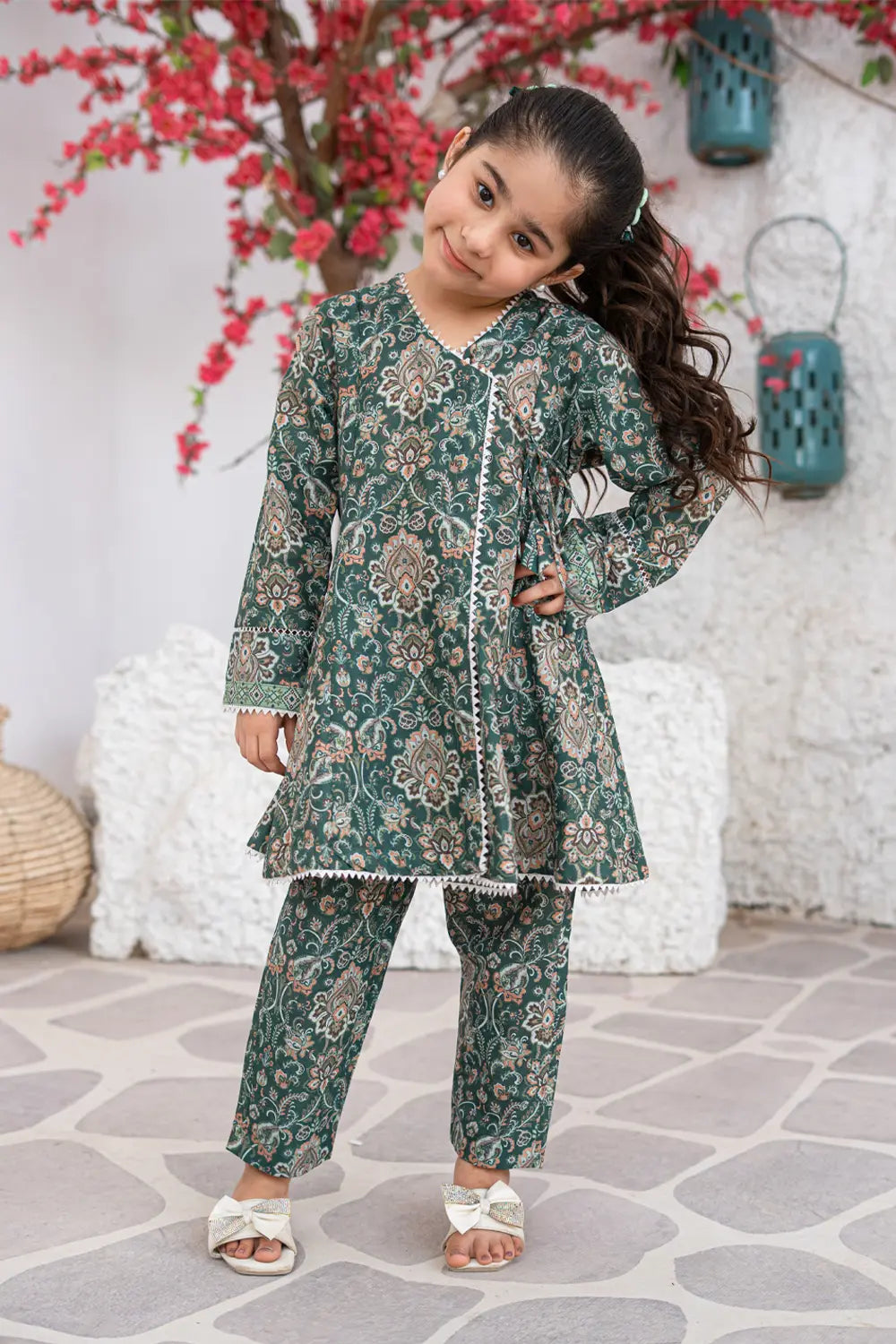 Girls Forest Green Printed Angrakha Frock 2 Piece Set K-ALP-S26-107