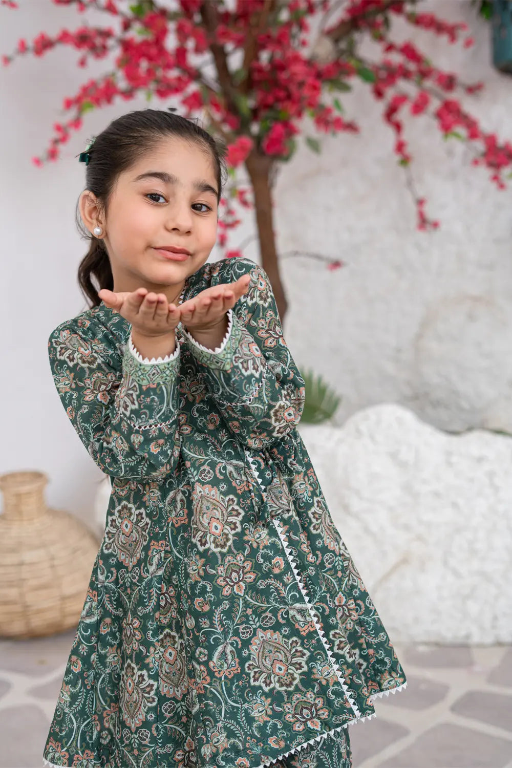 Girls Forest Green Printed Angrakha Frock 2 Piece Set K-ALP-S26-107